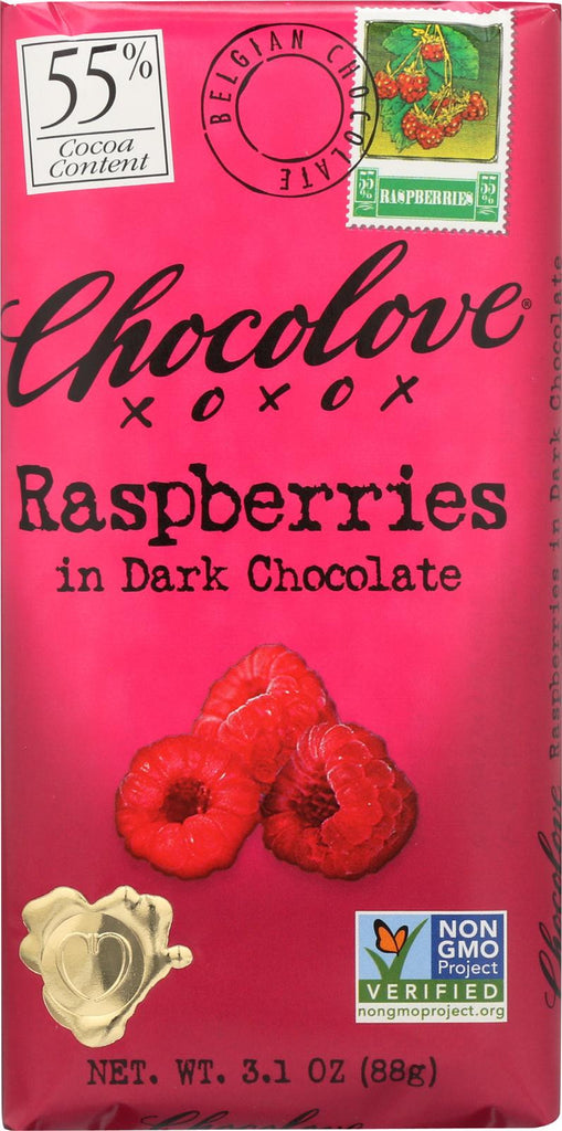Chocolove Xoxox Premium Chocolate Bar - Dark Chocolate - Raspberries - 3.1 Oz Bars - Case Of 12