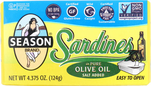 Season Brand Sardines In Pure Olive Oil - Salt Added - Case Of 12 - 4.375 Oz.