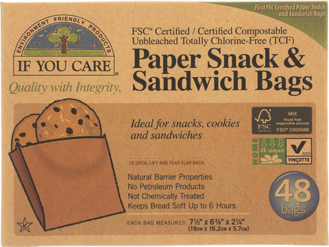 If You Care Bags - Snack And Sandwich - Paper - Unbleached - 48 Count - Case Of 12