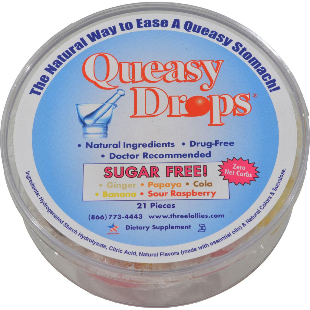 Three Lollies Queasy Drops Ginger Papaya Cola Banana Sour Raspberry - 21 Pieces