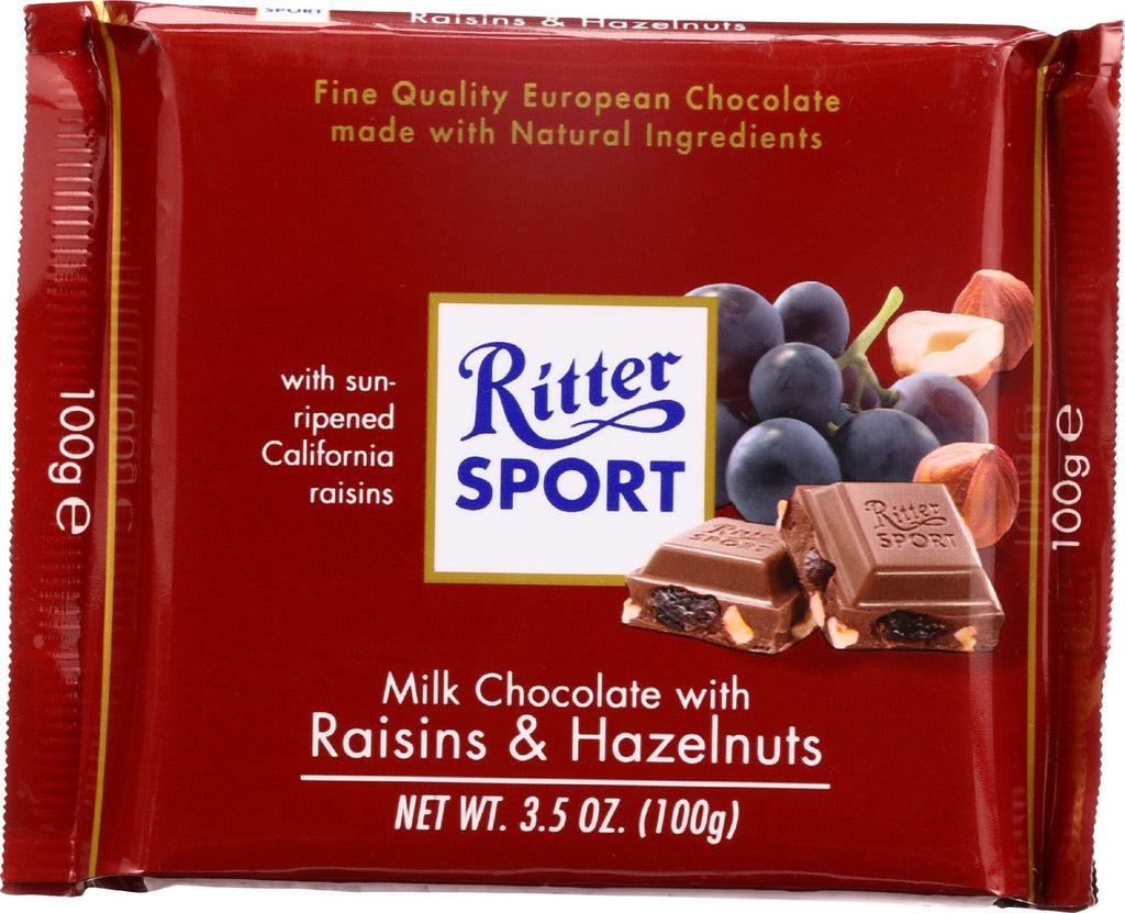 Ritter Sport Chocolate Bar - Milk Chocolate - Raisins And Hazelnuts - 3.5 Oz Bars - Case Of 12