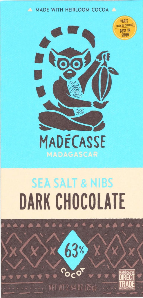 Madecasse Chocolate Bars - 63 Percent Dark Chocolate - Sea Salt And Nibs - 2.64 Oz Bars - Case Of 10