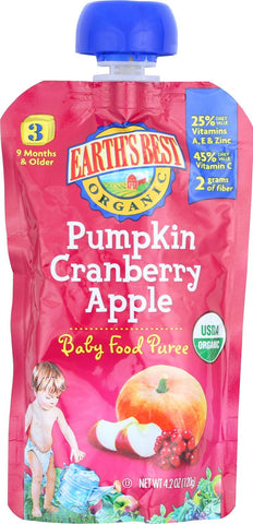 Earth's Best Organic Pumpkin Cranberry Apple Baby Food Puree - Stage 3 - Case Of 12 - 4.2 Oz.