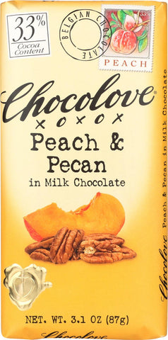 Chocolove Xoxox Premium Chocolate Bar - Milk Chocolate - Peach And Pecan - 3.1 Oz Bars - Case Of 12