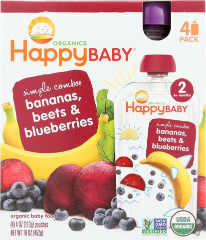 Happy Baby Food - Organic - Simple Combos - Bananas Beets And Blueberries - 6 Plus Months - Stage 2 - 3.5 Oz - Case Of 16