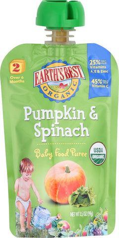 Earth's Best Organic Pumpkin And Spinach Baby Food Puree - Stage 2 - Case Of 12 - 3.5 Oz.