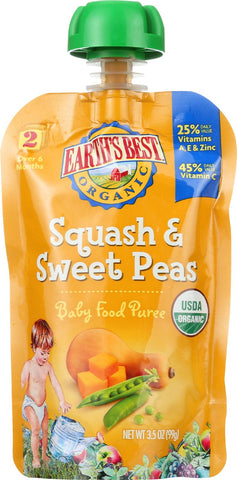 Earth's Best Organic Squash And Sweet Peas Baby Food Puree - Stage 2 - Case Of 12 - 3.5 Oz.