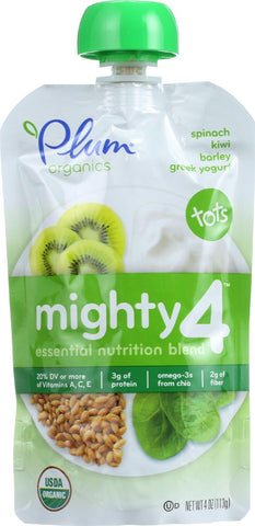 Plum Organics Essential Nutrition Blend - Mighty 4 - Spinach Kiwi Barley Greek Yogurt - 4 Oz - Case Of 6