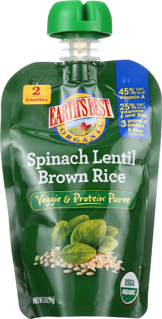 Earth's Best Organic Spinach Lentil Brown Rice Veggie And Protein Puree - Case Of 12 - 3.5 Oz.