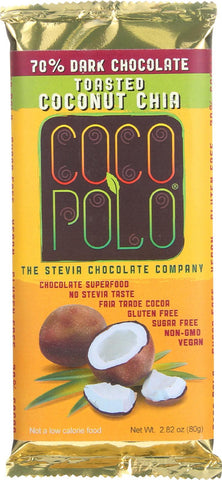 Coco Polo Chocolate Bar - 70 Percent Dark Chocolate With Coconut Chia - Case Of 10 - 2.82 Oz Bars