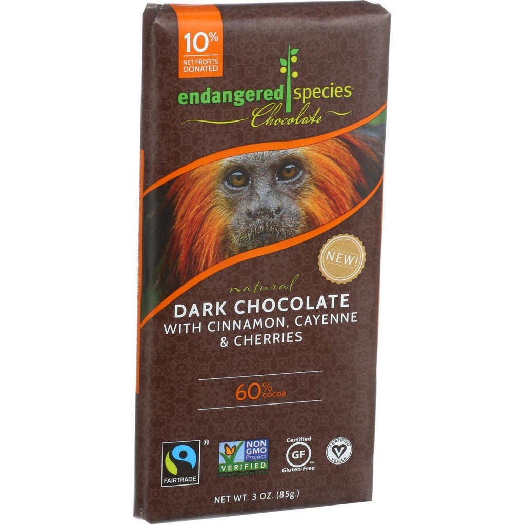 Endangered Species Natural Chocolate Bars - Dark Chocolate - 60 Percent Cocoa - Cinnamon Cayenne And Cherries - 3 Oz Bars - Case Of 12