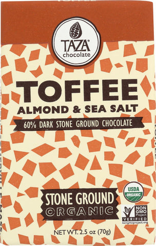 Taza Chocolate Stone Ground Organic Dark Chocolate Bar - Toffee, Almond, And Sea Salt - Case Of 10 - 2.5 Oz.