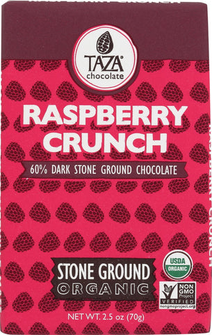 Taza Chocolate Stone Ground Organic Dark Chocolate Bar - Raspberry Crunch - Case Of 10 - 2.5 Oz.