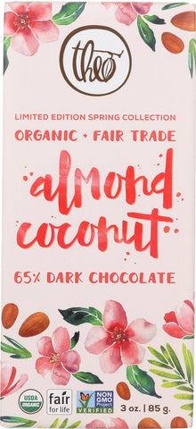 Theo Chocolate Almond Coconut - 65 Percent Dark Chocolate - Case Of 12 - 3 Oz.