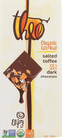 Theo Chocolate Salted Toffee - 55 Percent Dark Chocolate - Case Of 12 - 3 Oz.