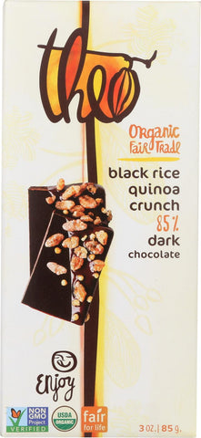 Theo Chocolate Black Rice Quinoa Crunch - 85 Percent Dark Chocolate - Case Of 12 - 3 Oz.